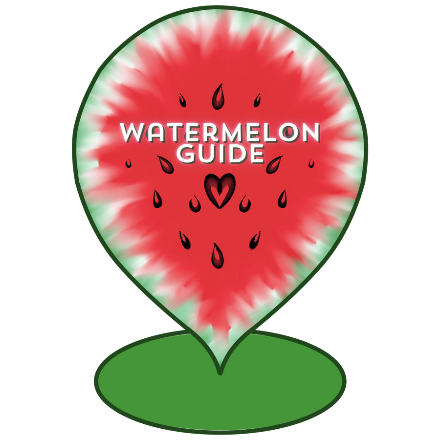 The Watermelon Guide logo, which is a map markpoint shape with the design of a watermelon inside. Logo includes white letters that say "watermelon guide" and a black heart.